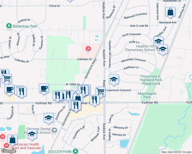 map of restaurants, bars, coffee shops, grocery stores, and more near 19725 Governors Highway in Flossmoor