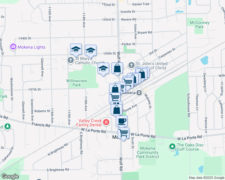 map of restaurants, bars, coffee shops, grocery stores, and more near 11209 1st Street in Mokena