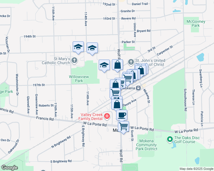 map of restaurants, bars, coffee shops, grocery stores, and more near 11209 1st Street in Mokena
