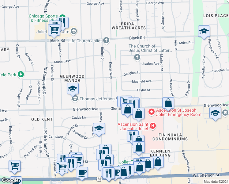 map of restaurants, bars, coffee shops, grocery stores, and more near 2422 Walsh Way in Joliet