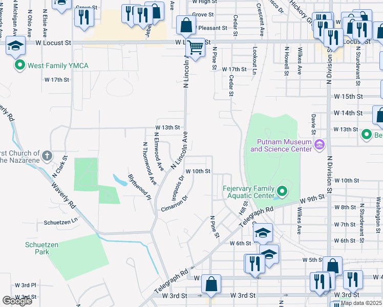 map of restaurants, bars, coffee shops, grocery stores, and more near 2328 West 10th Street in Davenport