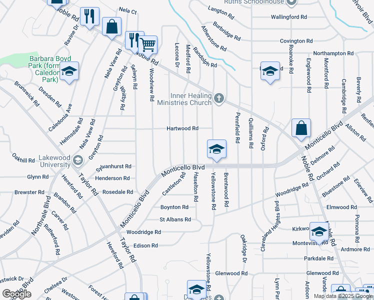 map of restaurants, bars, coffee shops, grocery stores, and more near 1075 Pembrook Road in Cleveland Heights