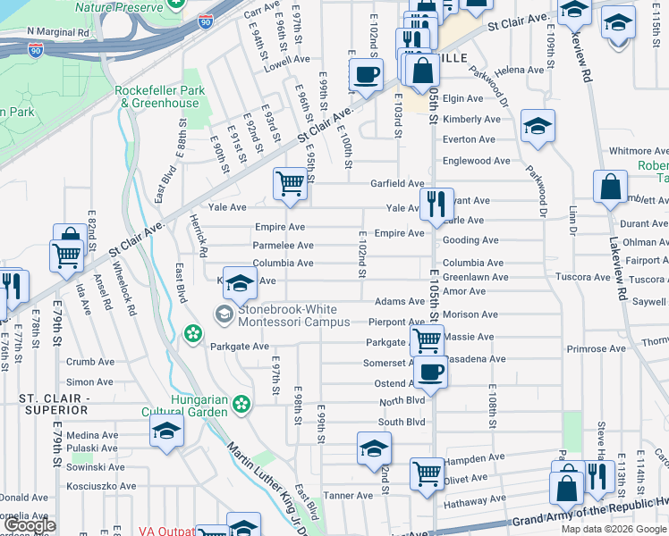 map of restaurants, bars, coffee shops, grocery stores, and more near 9704 Kempton Avenue in Cleveland