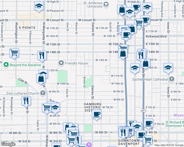 map of restaurants, bars, coffee shops, grocery stores, and more near 711 West 11th Street in Davenport