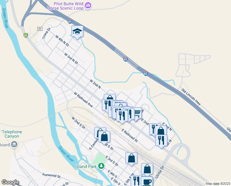 map of restaurants, bars, coffee shops, grocery stores, and more near 134 West 3rd North Street in Green River