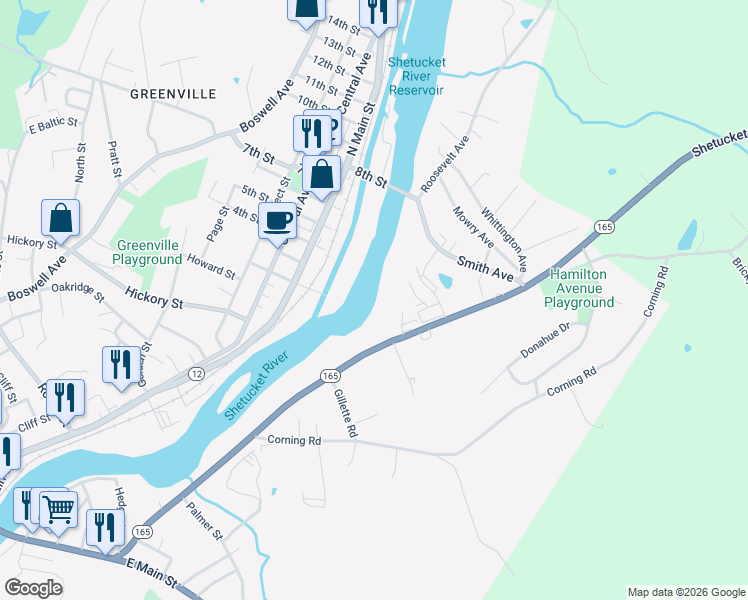 map of restaurants, bars, coffee shops, grocery stores, and more near 296 Hamilton Avenue in Norwich