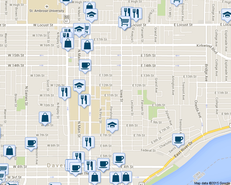 map of restaurants, bars, coffee shops, grocery stores, and more near 314 East 11th Street in Davenport