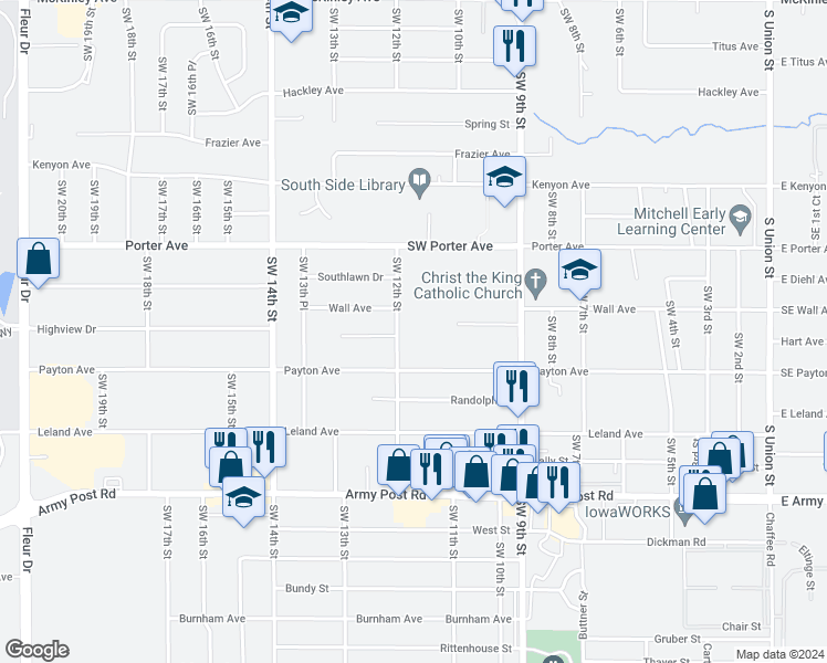 map of restaurants, bars, coffee shops, grocery stores, and more near 5913 Southwest 12th Street in Des Moines