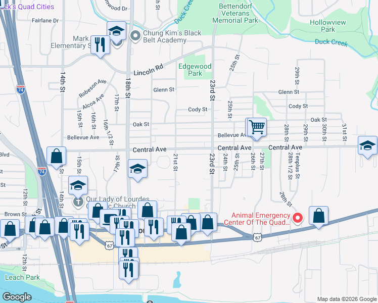 map of restaurants, bars, coffee shops, grocery stores, and more near 2141 Central Avenue in Bettendorf