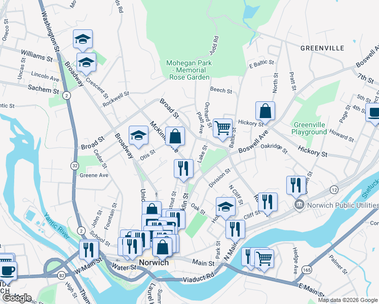 map of restaurants, bars, coffee shops, grocery stores, and more near 20 Grove Street in Norwich