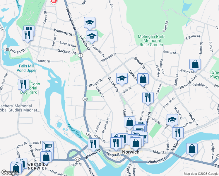 map of restaurants, bars, coffee shops, grocery stores, and more near 32 Elmwood Avenue in Norwich