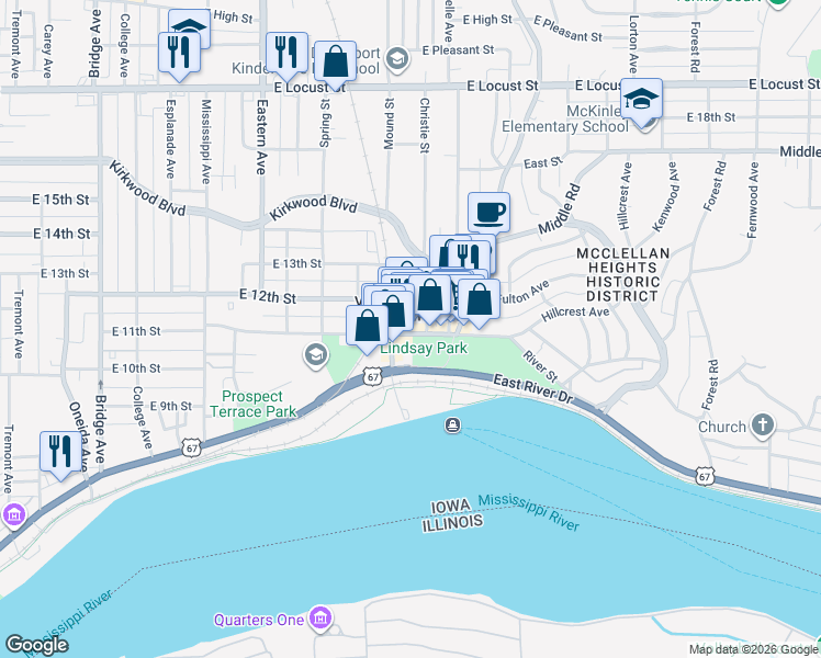 map of restaurants, bars, coffee shops, grocery stores, and more near 2118 East 11th Street in Davenport