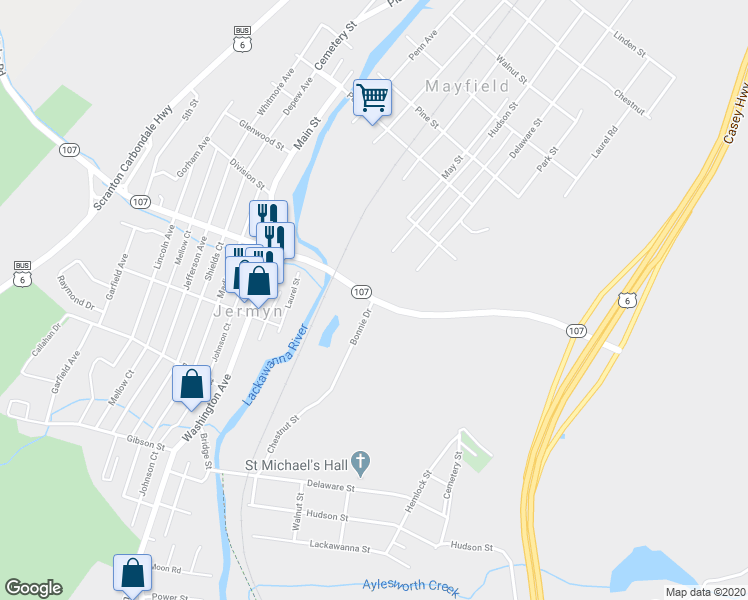 map of restaurants, bars, coffee shops, grocery stores, and more near Rushbrook Street in Mayfield