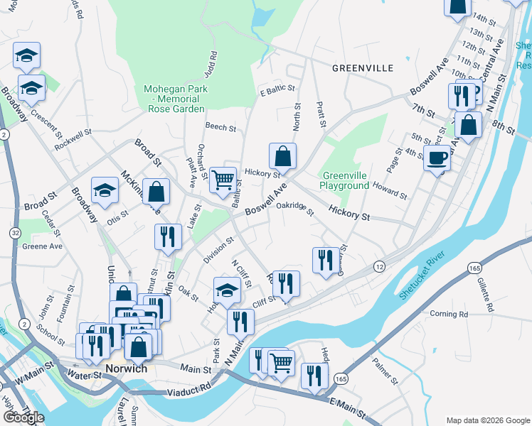map of restaurants, bars, coffee shops, grocery stores, and more near 170 Boswell Avenue in Norwich