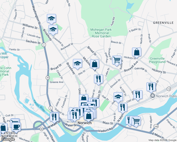 map of restaurants, bars, coffee shops, grocery stores, and more near 58 McKinley Avenue in Norwich