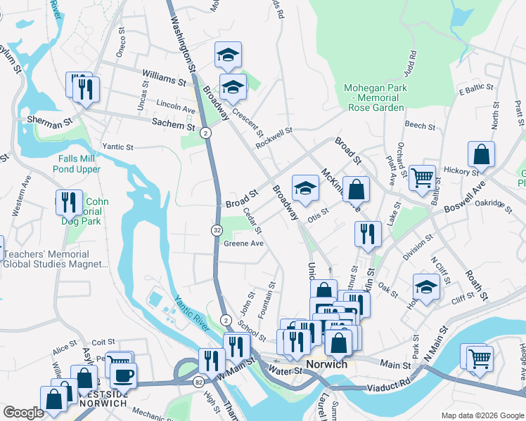 map of restaurants, bars, coffee shops, grocery stores, and more near 32 Elmwood Avenue in Norwich