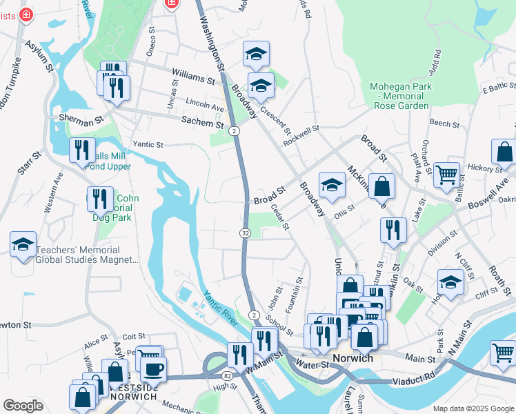 map of restaurants, bars, coffee shops, grocery stores, and more near 151 Washington Street in Norwich