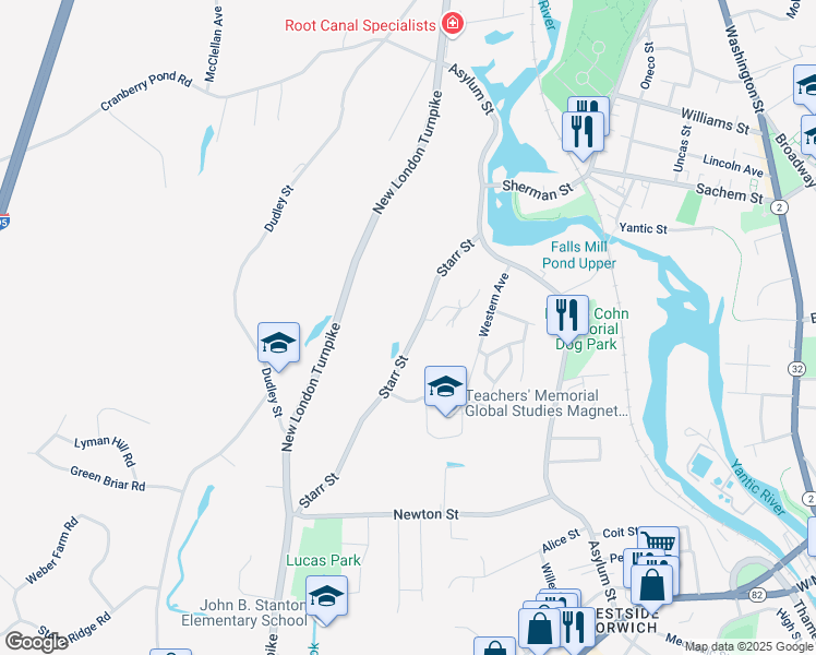 map of restaurants, bars, coffee shops, grocery stores, and more near 73 Starr Street in Norwich