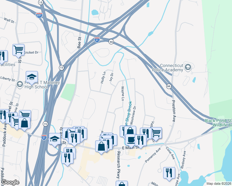 map of restaurants, bars, coffee shops, grocery stores, and more near 250 Maple Avenue in Meriden