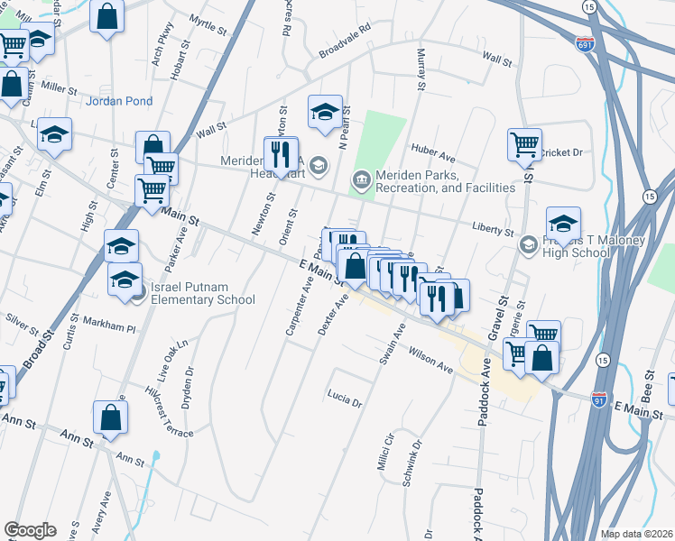 map of restaurants, bars, coffee shops, grocery stores, and more near 27 Pearl Street in Meriden