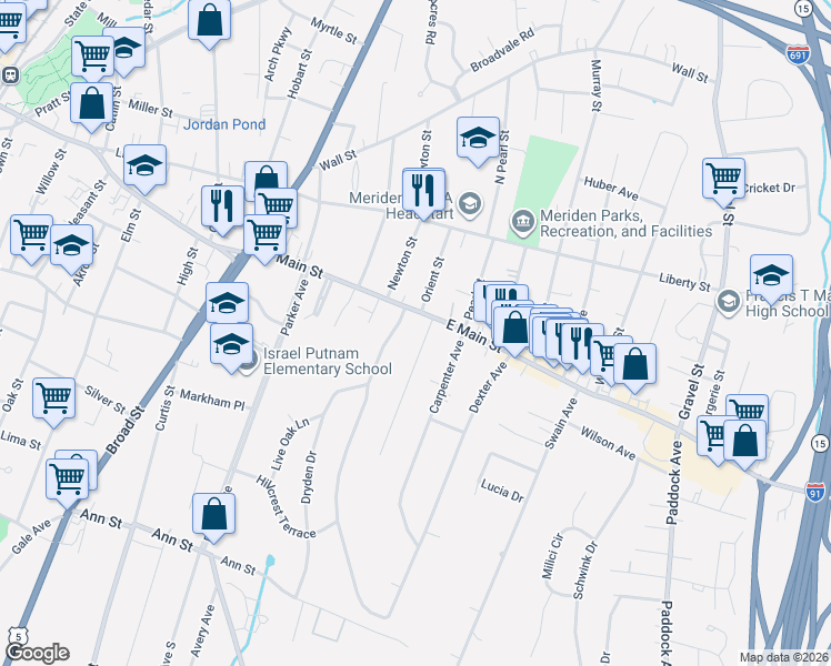 map of restaurants, bars, coffee shops, grocery stores, and more near 516 East Main Street in Meriden