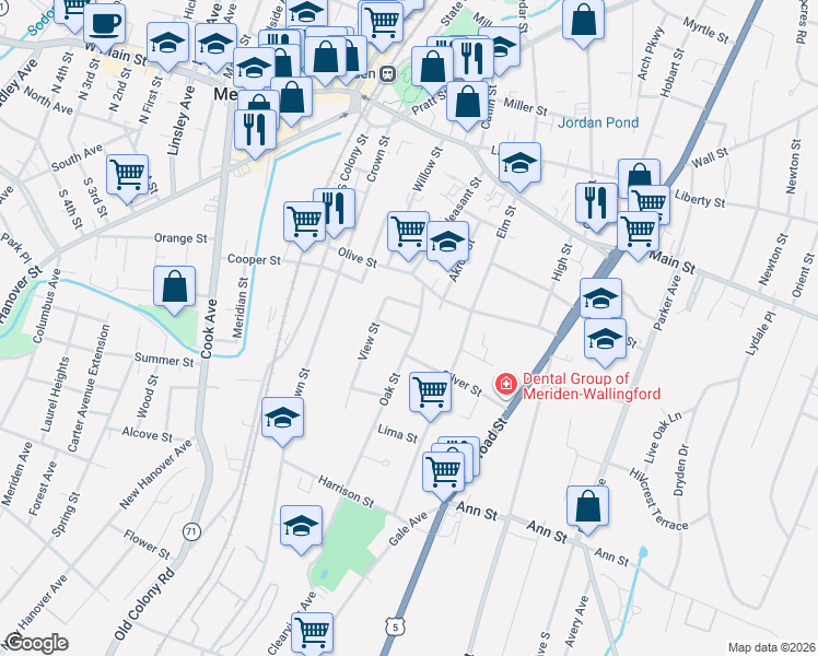 map of restaurants, bars, coffee shops, grocery stores, and more near 19 Geer Avenue in Meriden
