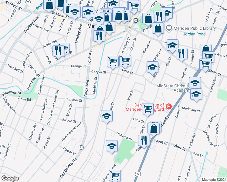 map of restaurants, bars, coffee shops, grocery stores, and more near 207 Crown Street in Meriden