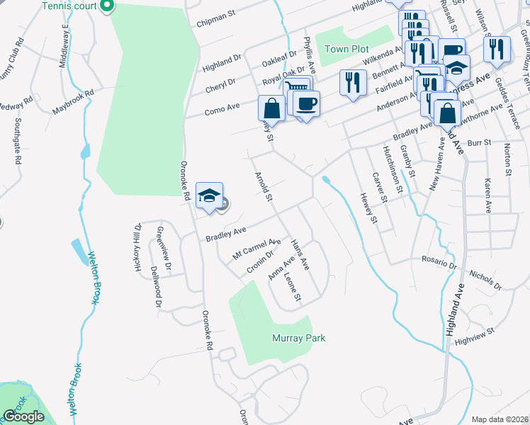 map of restaurants, bars, coffee shops, grocery stores, and more near 33 Arnold Street in Waterbury