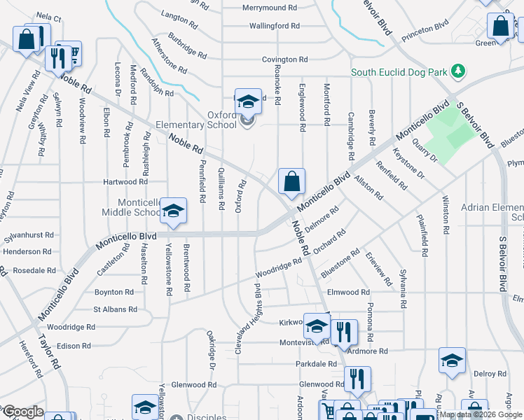 map of restaurants, bars, coffee shops, grocery stores, and more near 1036 Roanoke Road in Cleveland Heights