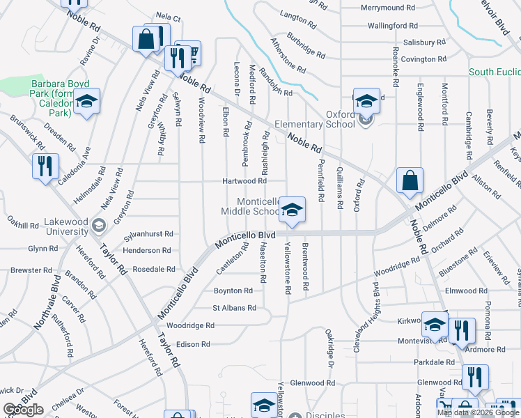 map of restaurants, bars, coffee shops, grocery stores, and more near 1045 Pembrook Road in Cleveland Heights