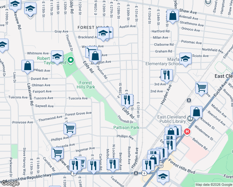 map of restaurants, bars, coffee shops, grocery stores, and more near 942 Paxton Road in Cleveland