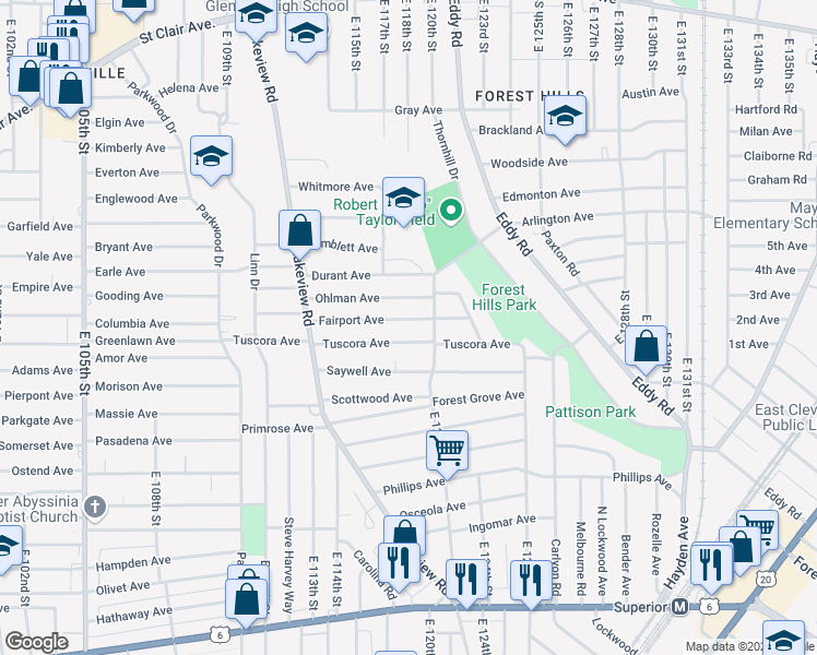 map of restaurants, bars, coffee shops, grocery stores, and more near 11706 Ohlman Avenue in Cleveland