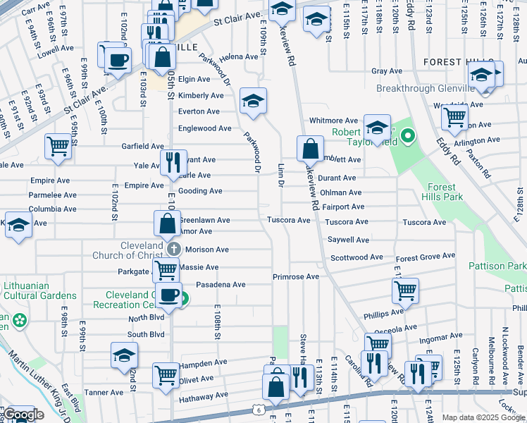 map of restaurants, bars, coffee shops, grocery stores, and more near 950 Parkwood Drive in Cleveland