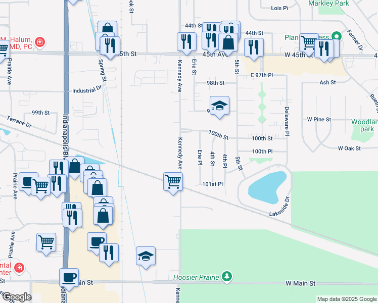 map of restaurants, bars, coffee shops, grocery stores, and more near 10011 Kennedy Avenue in Highland