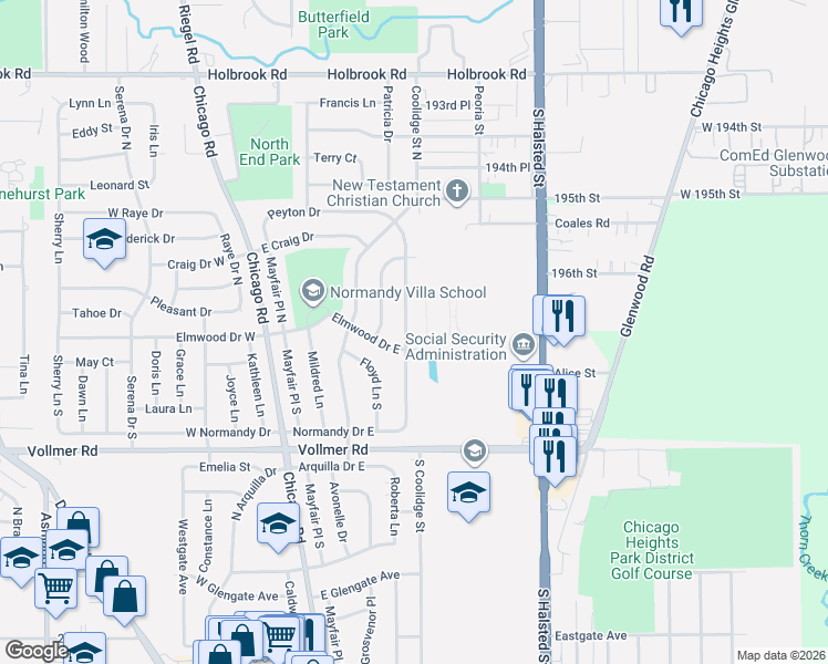 map of restaurants, bars, coffee shops, grocery stores, and more near 131 North Normandy Drive in Chicago Heights
