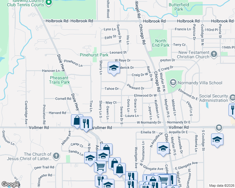 map of restaurants, bars, coffee shops, grocery stores, and more near 241 Tahoe Drive in Chicago Heights
