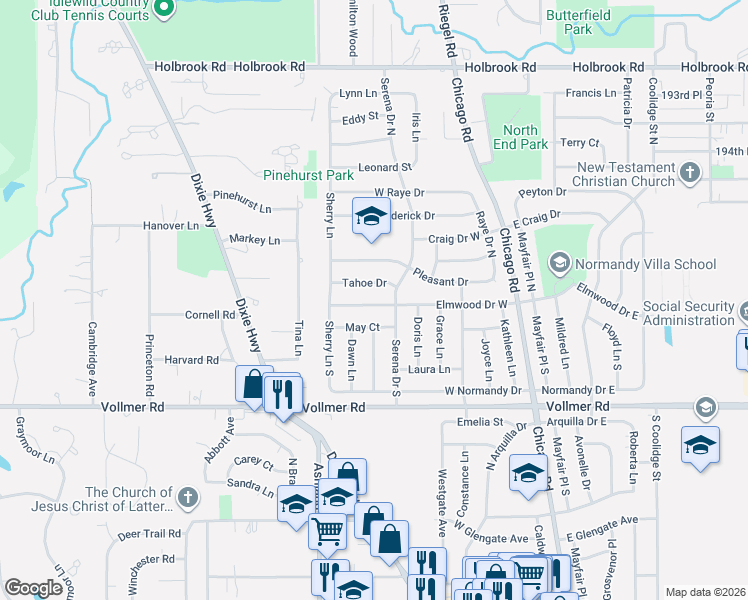 map of restaurants, bars, coffee shops, grocery stores, and more near 241 Tahoe Drive in Chicago Heights