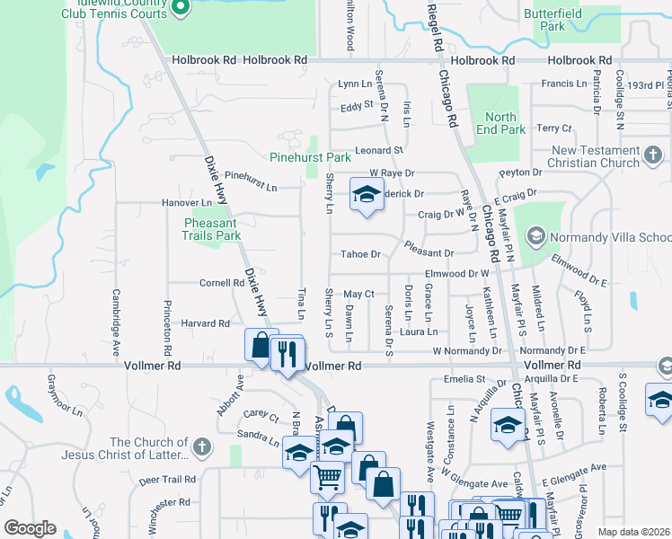 map of restaurants, bars, coffee shops, grocery stores, and more near 275 Tahoe Drive in Chicago Heights