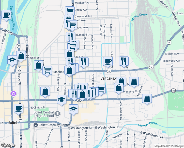 map of restaurants, bars, coffee shops, grocery stores, and more near 507 East Jackson Street in Joliet
