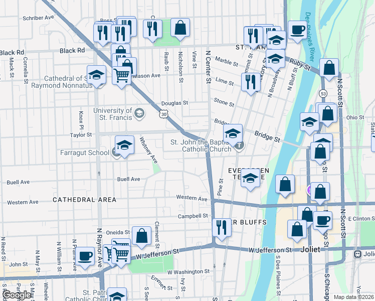 map of restaurants, bars, coffee shops, grocery stores, and more near 416 Nicholson Street in Joliet