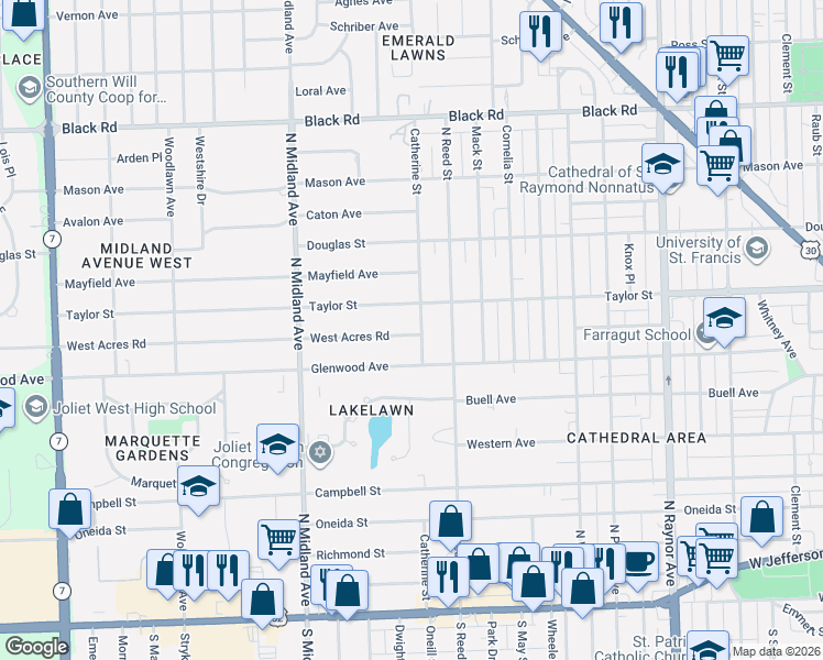 map of restaurants, bars, coffee shops, grocery stores, and more near 1206 Taylor Street in Joliet