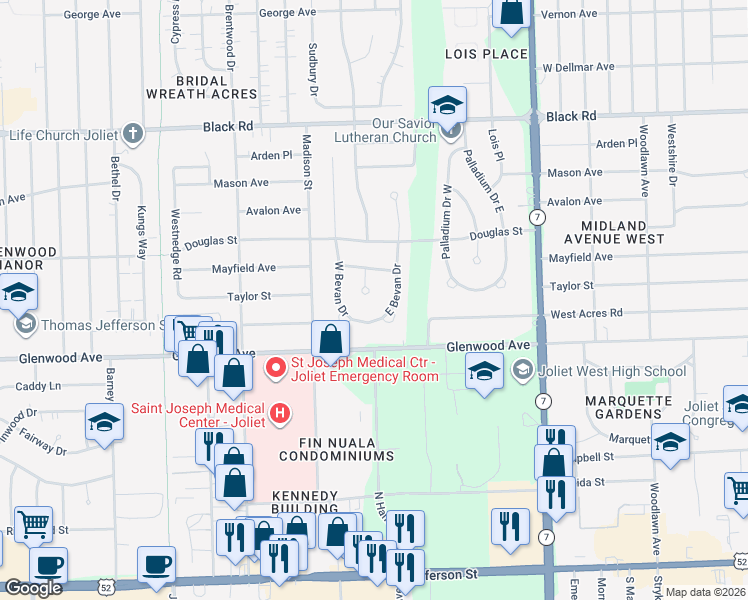 map of restaurants, bars, coffee shops, grocery stores, and more near 507 Ann Court in Joliet
