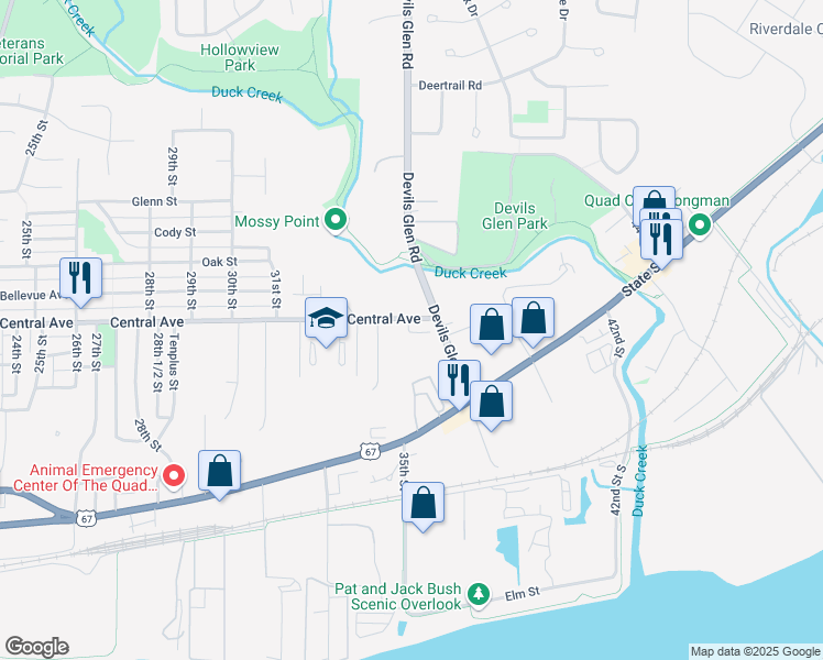map of restaurants, bars, coffee shops, grocery stores, and more near 3620 Central Avenue in Bettendorf