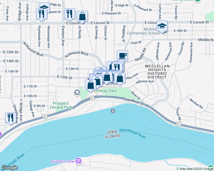 map of restaurants, bars, coffee shops, grocery stores, and more near 2215 East 12th Street in Davenport