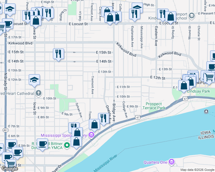 map of restaurants, bars, coffee shops, grocery stores, and more near 1105 Oneida Avenue in Davenport