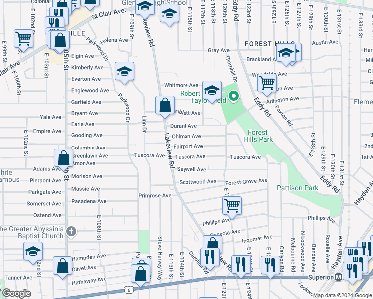 map of restaurants, bars, coffee shops, grocery stores, and more near 11416 Fairport Avenue in Cleveland