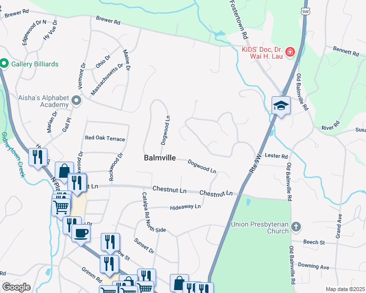 map of restaurants, bars, coffee shops, grocery stores, and more near 34 Dogwood Hills Road in Newburgh
