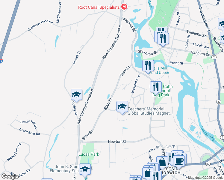map of restaurants, bars, coffee shops, grocery stores, and more near 73 Starr Street in Norwich