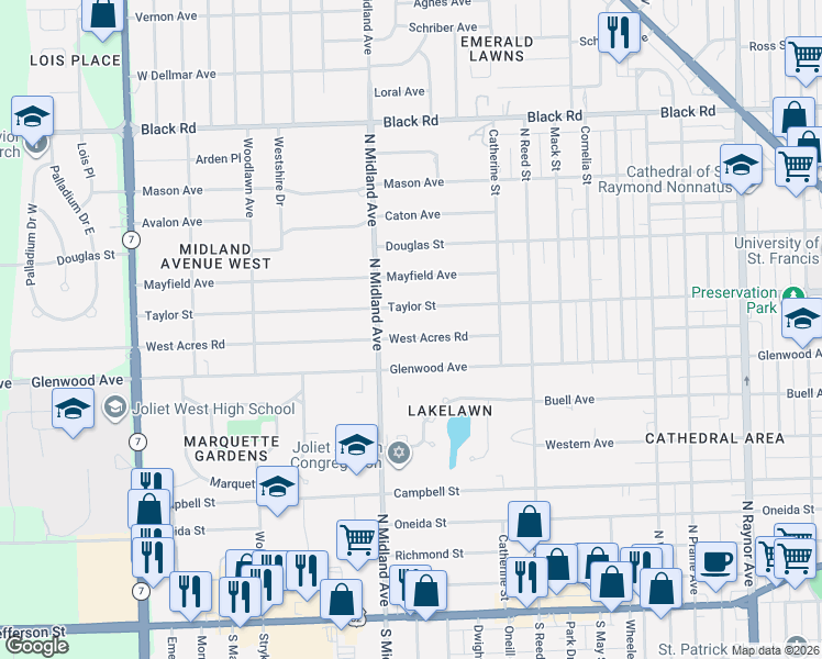 map of restaurants, bars, coffee shops, grocery stores, and more near 1303 West Acres Road in Joliet