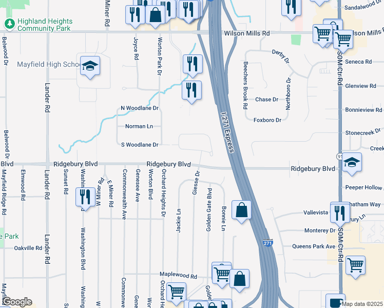 map of restaurants, bars, coffee shops, grocery stores, and more near 6317 Dunfield Drive in Cleveland